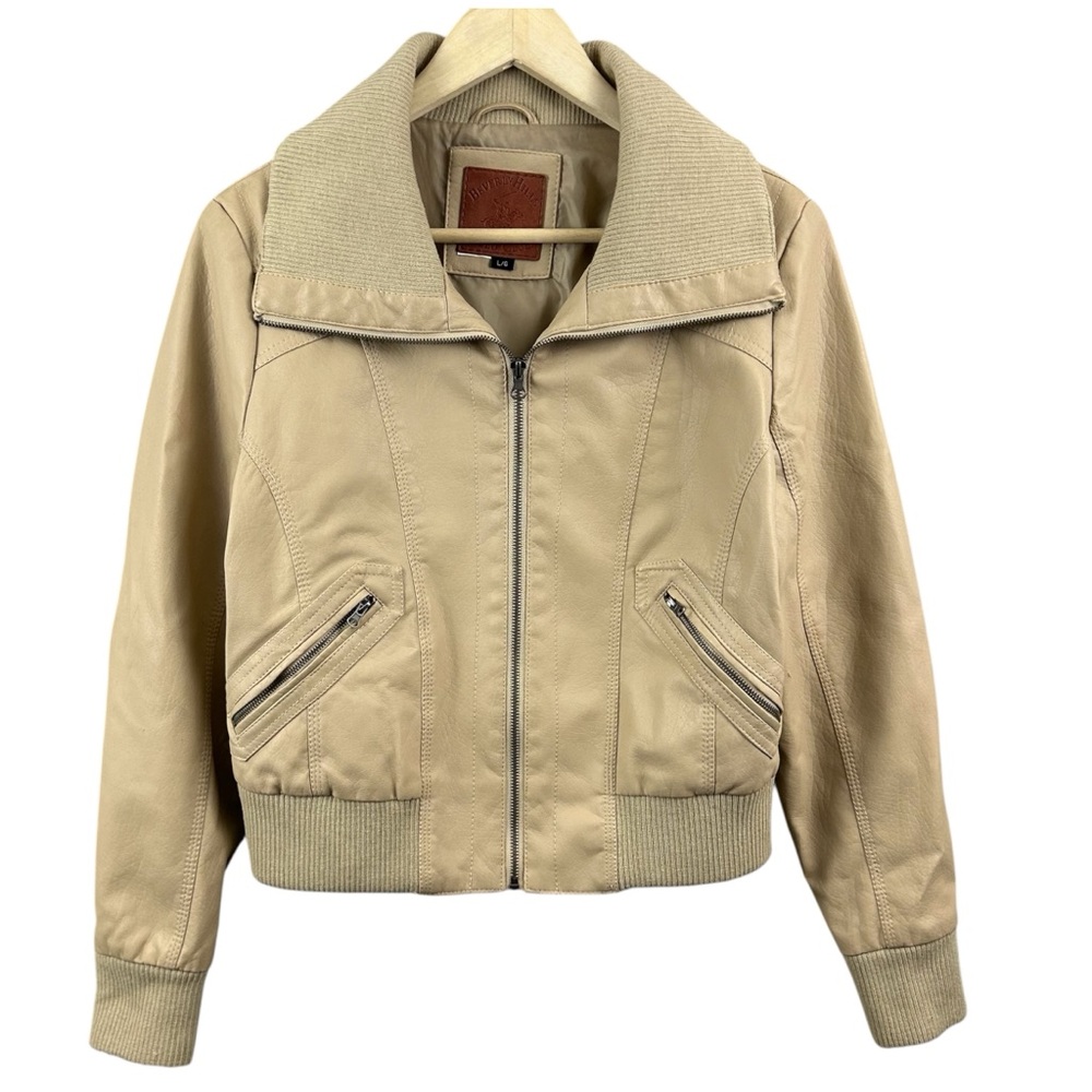 Bomber Jacket Faux Leather Tan Size Large